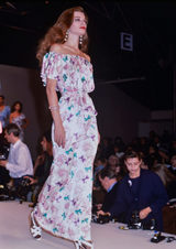 Dreamy Spring 1987 Yves Saint Laurent Off Shoulder Pink Feather & Bow Print Silk Dress