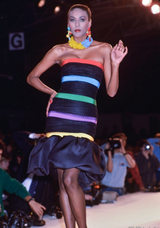 Spring 1987 Yves Saint Laurent Grosgrain, Dotted Net & Silk Strapless Dress w Bows