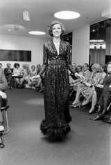 Fall 1974 Bill Blass Glossy Black Sequin & Silk Chiffon Dress w Feather Hem