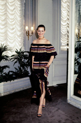 Spring 1977 Christian Dior by Marc Bohan Black Cotton Jersey Striped Off Shoulder Ruffled Dress