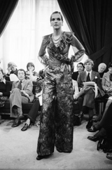 1972 Yves Saint Laurent Red Floral Silk Chiffon & Red Silk Dress w Balloon Sleeves & Pleat Detailing