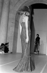 Fall 1982 Mary McFadden Purple Pleated Dress w Elaborate Beaded Gold Cord Shoulder