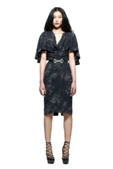 Outstanding Fall 2010 Alexander McQueen Gray Scale Print Silk Dress w Caped Sleeves & Trained Skirt