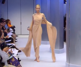 Spectacular Spring 2000 Thierry Mugler Runway Nude Chiffon One Shoulder Dress w Acrylic Detail