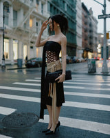 Fantastic Spring 2001 Jean Paul Gaultier Runway Multi Length Mesh Band Dress w Jersey Face Print Skirt