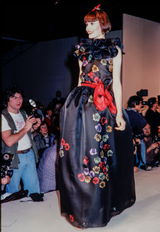 Spring 1981 Unlabeled Christian Dior Floral Print Silk Organza Dress w Ruffled Shoulders