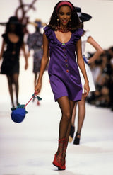 Spring 1992 Yves Saint Laurent Ad Campaign Purple Dress w Green & Red Enamel Heart Buttons