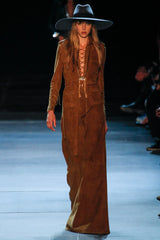 Spring 2013 Yves Saint Laurent by Hedi Slimane Runway Look 4 Suede Safari Lace-up Full Length Dress