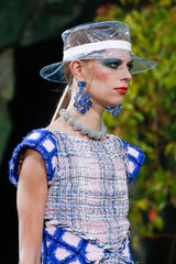 Incredible Spring 2018 Chanel by Karl Lagerfeld Runway Look 8 Pink & Blue Metallic Boucle Dress
