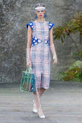 Incredible Spring 2018 Chanel by Karl Lagerfeld Runway Look 8 Pink & Blue Metallic Boucle Dress