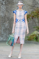 Incredible Spring 2018 Chanel by Karl Lagerfeld Runway Look 8 Pink & Blue Metallic Boucle Dress