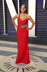 Fabulous 2000s Versace by Donatella Red Crepe Dress w Rhinestone & Silver Chain Detailing