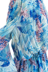 Dreamy 1970s Pierre Cardin Blue Floral Print Silk Chiffon Dress w Long Angel Sleeves