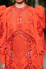 Spring 2020 Erdem Runway Look 41 Coral Red Embroidered Cut-Out Runway Dress w Buttoned Train