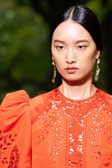 Spring 2020 Erdem Runway Look 41 Coral Red Embroidered Cut-Out Runway Dress w Buttoned Train