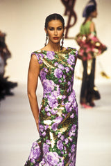 Incredible Spring 1993 Yves Saint Laurent One Shoulder Gold Floral & Peach Dress