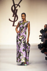 Incredible Spring 1993 Yves Saint Laurent One Shoulder Gold Floral & Peach Dress