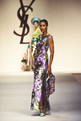 Incredible Spring 1993 Yves Saint Laurent One Shoulder Gold Floral & Peach Dress