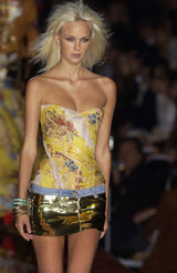 Very Rare Spring 2003 Roberto Cavalli Printed Silk & Net Boned Corset & Red Sequin Mini Skirt Set