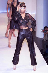 Amazing Spring 2001 Thierry Mugler Couture Runway Brown  Silk Net Wrap Top w Leather Detailing