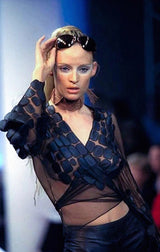 Amazing Spring 2001 Thierry Mugler Couture Runway Brown  Silk Net Wrap Top w Leather Detailing