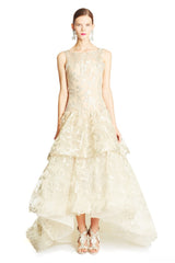 Incredible Pre-Fall 2015 Oscar de la Renta Runway Look 36 Pale Muted Metallic Gold Applique & Net Dress
