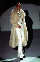 Iconic Fall 1996 Gucci by Tom Ford Runway Look 29 Menswear Inspired Ivory Faux Fur Coat w