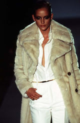 Iconic Fall 1996 Gucci by Tom Ford Runway Look 29 Menswear Inspired Ivory Faux Fur Coat w