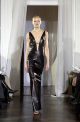 Exceptional Fall 2000 Richard Tyler Couture Plunging Front & Open Back Sculpted Black Ultrasoft Leather Dress