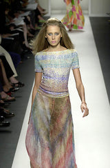 Outstanding Spring 2001 Oscar de la Renta Runway Look 38 Sequin Detailed Sweater & Silk Skirt Set