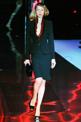 Spectacular Spring 2008 Alexander McQueen 'La Dame Bleue' Look 26 Red Feather Trim Black Suit