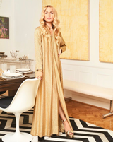 Wonderful 1970s Halston Metallic Gold Lame Lurex Full Length Caftan Dress w Notched Neckline
