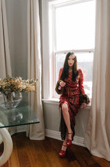 Incredible Fall 1979 Bill Blass Couture Red Silk Chiffon Dress w Gold Sequins & Mink Cuffs