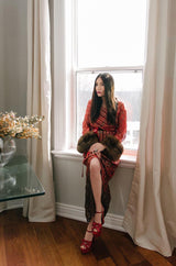 Incredible Fall 1979 Bill Blass Couture Red Silk Chiffon Dress w Gold Sequins & Mink Cuffs