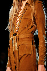 Spring 2013 Yves Saint Laurent by Hedi Slimane Runway Look 4 Suede Safari Lace-up Full Length Dress