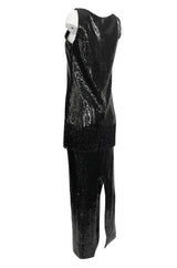 Fall 1974 Bill Blass Densely Covered Black Sequin Fringed Tunic & Skirt Dress Set