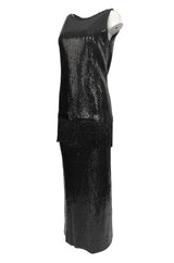 Fall 1974 Bill Blass Densely Covered Black Sequin Fringed Tunic & Skirt Dress Set