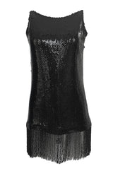 Fall 1974 Bill Blass Densely Covered Black Sequin Fringed Tunic & Skirt Dress Set