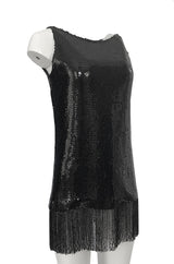 Fall 1974 Bill Blass Densely Covered Black Sequin Fringed Tunic & Skirt Dress Set