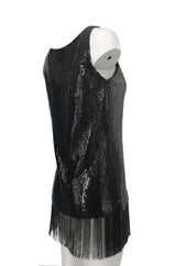 Fall 1974 Bill Blass Densely Covered Black Sequin Fringed Tunic & Skirt Dress Set