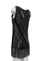 Fall 1974 Bill Blass Densely Covered Black Sequin Fringed Tunic & Skirt Dress Set