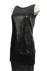 Fall 1974 Bill Blass Densely Covered Black Sequin Fringed Tunic & Skirt Dress Set
