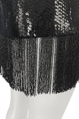 Fall 1974 Bill Blass Densely Covered Black Sequin Fringed Tunic & Skirt Dress Set