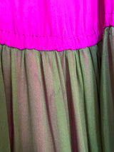Gorgeous 1970s Galanos Couture Bright Pink & Moss Green Silk Chiffon Dress