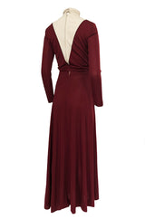 Fall 1973 Geoffrey Beene Graphic Burgundy and Taupey Cream Jersey Dress