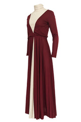 Fall 1973 Geoffrey Beene Graphic Burgundy and Taupey Cream Jersey Dress