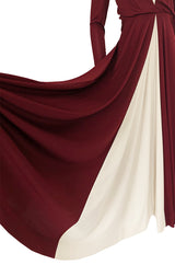 Fall 1973 Geoffrey Beene Graphic Burgundy and Taupey Cream Jersey Dress