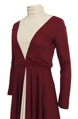 Fall 1973 Geoffrey Beene Graphic Burgundy and Taupey Cream Jersey Dress