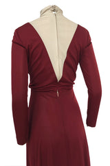 Fall 1973 Geoffrey Beene Graphic Burgundy and Taupey Cream Jersey Dress