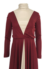 Fall 1973 Geoffrey Beene Graphic Burgundy and Taupey Cream Jersey Dress